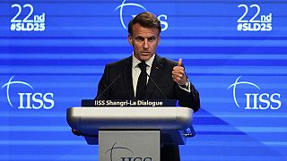 French President Emmanuel Macron delivers his speech during the 22nd Shangri-La Dialogue summit in Singapore, Friday, May 30, 2025. 